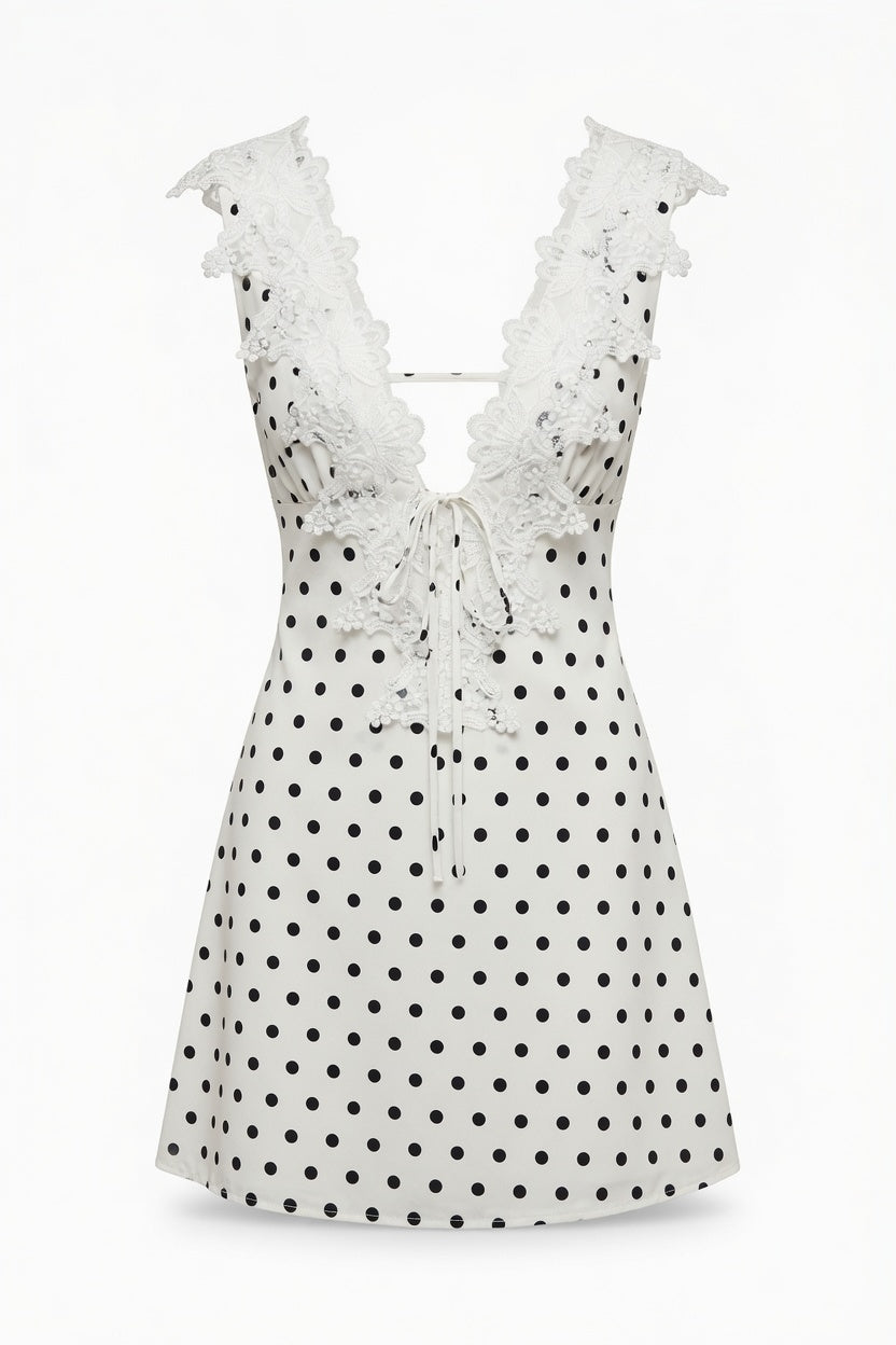 Herlinda Polka Dot Lace Trim Mini Dress