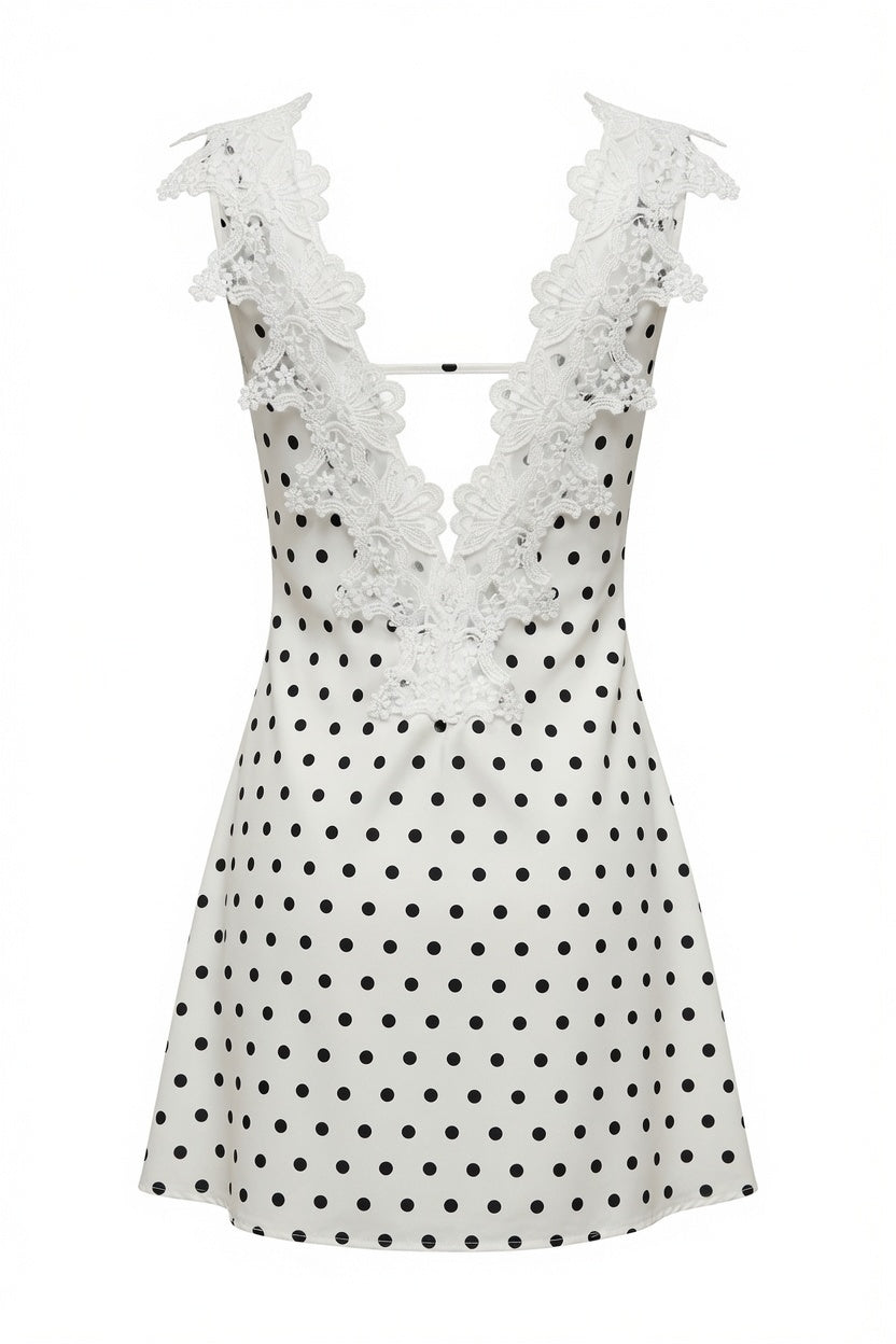 Herlinda Polka Dot Lace Trim Mini Dress